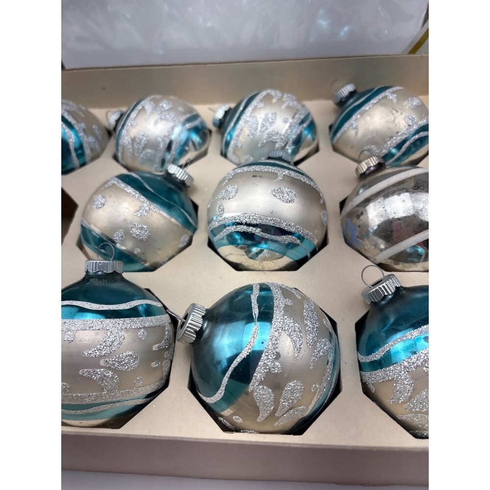 Shiny Brite Vintage Glass Ornaments Teal & Silver Glitter 10-Piece Set Christmas - Picture 4 of 14